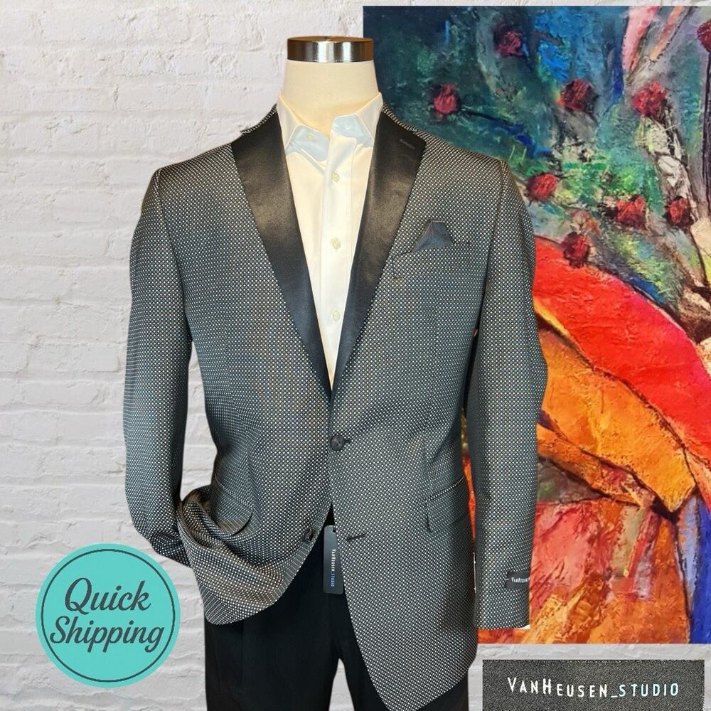 New Van Heusen Mens 42L Black White Geometric Tuxedo Dinner Jacket